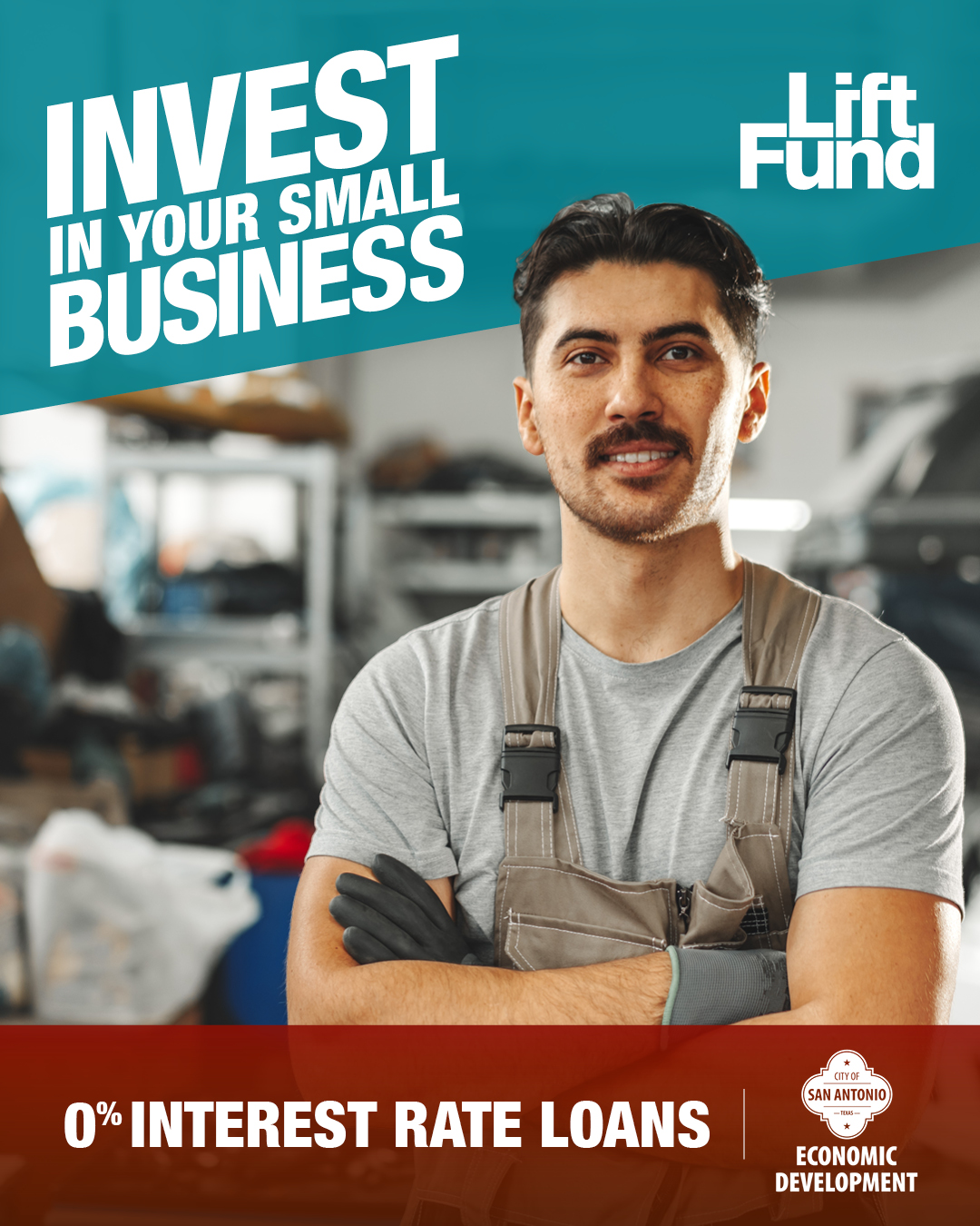 A promotional graphic for LiftFund featuring a man in a gray shirt and work overalls standing confidently with arms crossed in what appears to be a workshop. Large text reads “Invest in Your Small Business.” The LiftFund logo is displayed in the top right corner. A red banner across the bottom says “0% Interest Rate Loans,” alongside the City of San Antonio Economic Development Department logo.