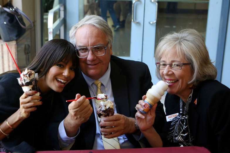 Eva Longoria, Howard Buffett and Accion  Texas Inc., President CEO Janie Barrera pose with ice cream at the Rivercenter Mall after making a stop at Dairy Queen after the Accion 20th anniversary kick off luncheon on Friday April 4, 2014. Longoria, Buffett, son of billionaire Warren Buffett, spoke at the luncheon at the Marriott Rivercenter Hotel.  The Eva Longoria Foundation and the Howard G. Buffett Foundation have joined with Accion Texas to create a new small business loan fund for Latina entrepreneurs in Texas.  Since 2013 the fund has made 58 micro loans totaling more than $500,000.